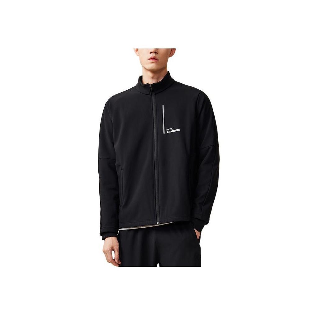 Anta Solid Color Printed Letter Zipper Stand Collar Fleece Thick Warm Jacket Men Jacket Black 152247729-2