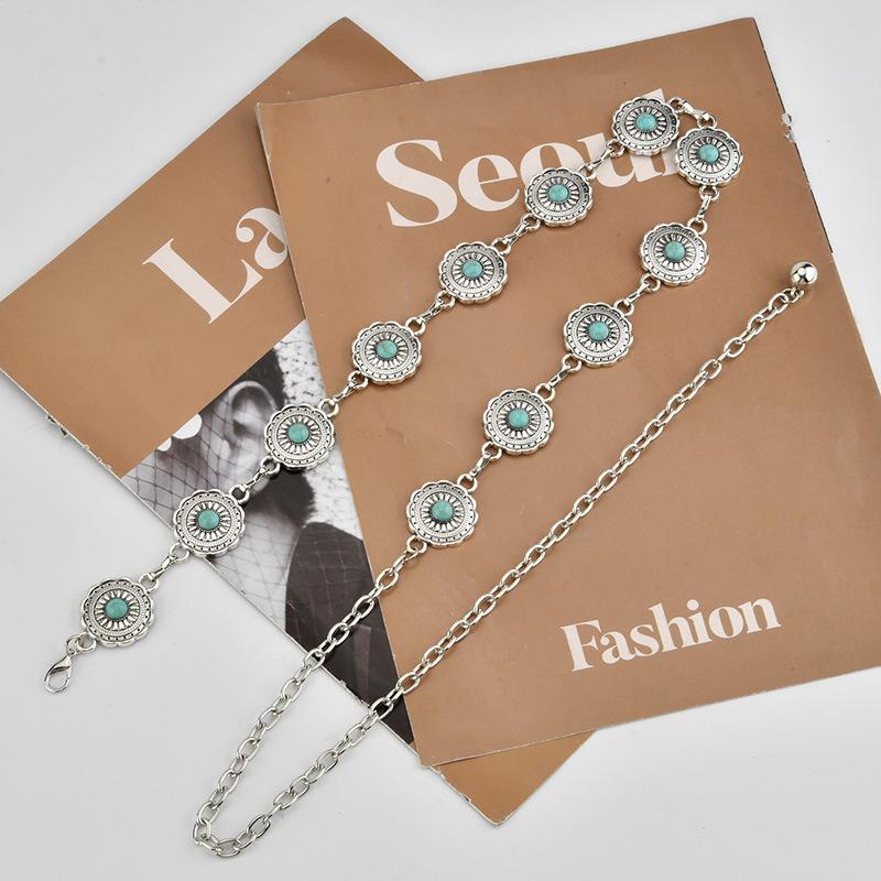 Retro Turquoise Metal Waist Chain Ladies Ethnic Style Body Chain Bohemian Women's Belt