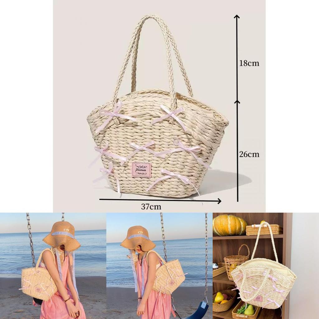 Simple Pink Bow Decoration Women Casual Grass Woven Handbag For Beach And Casual Wear