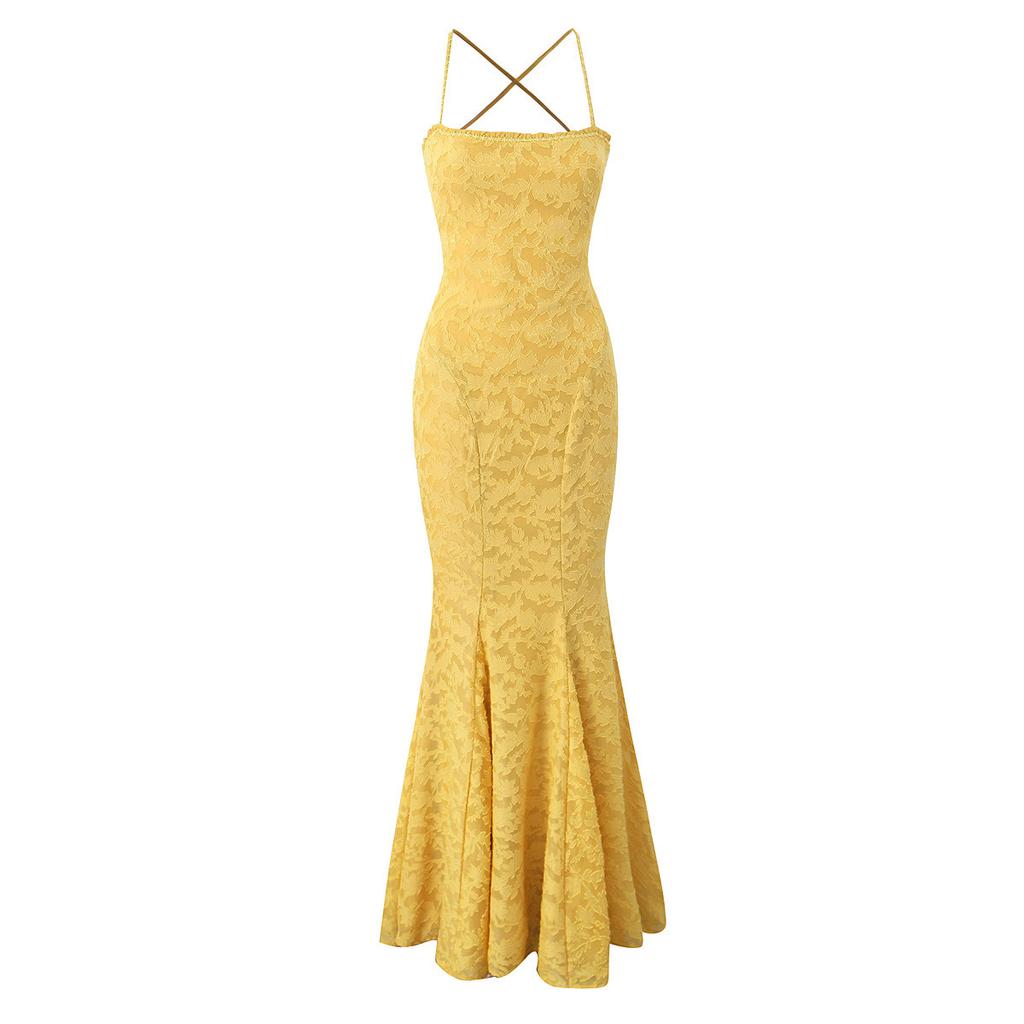 French niche suspender dress women's autumn vacation style elegant waist strap super long fishtail dress