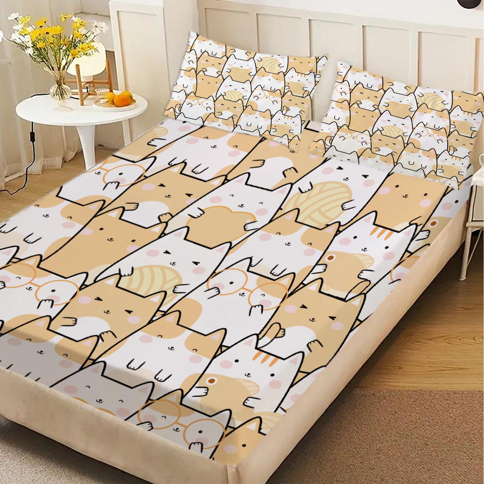 

3pcs Fitted Sheet Set Cute Cat Faces Pattern Print Wrinkle Resistant Bed Sheet With Pillowcases For Bedroom Decor 99x190x25cm