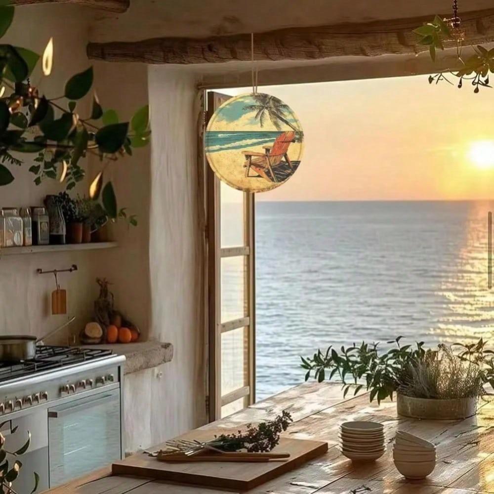 Round Coastal Scene Vintage Tin Sign, 20cm Aluminum Rustic Wall Art
