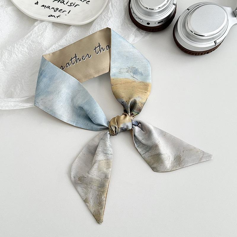 Blue silk scarf, long strip, new fashion, oil painting style, bow, headband, braided hair, tied bag, streamer, multi-purpose waist silk scarf.