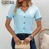 Women's Fashion Casual Solid Color Print Short Sleeve V Neck Blouses & Shirts