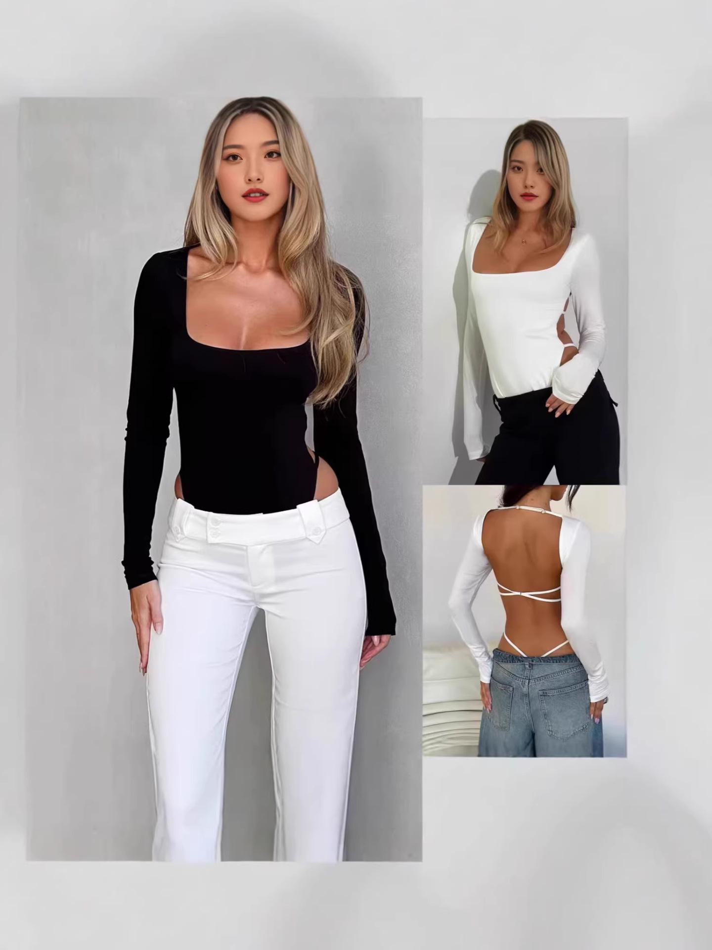 

2026 Spring Backless Square Neck Slim Fit Long Sleeve Jumpsuit for Women Small чорний
