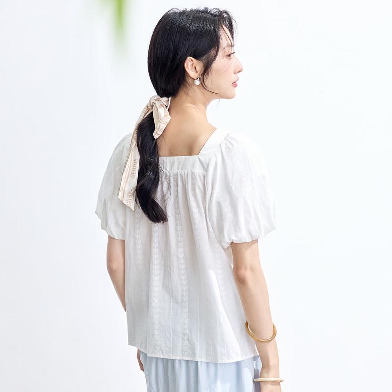 INMAN Women's French Embroidered Cotton Square Neck Puff Sleeve Blouse