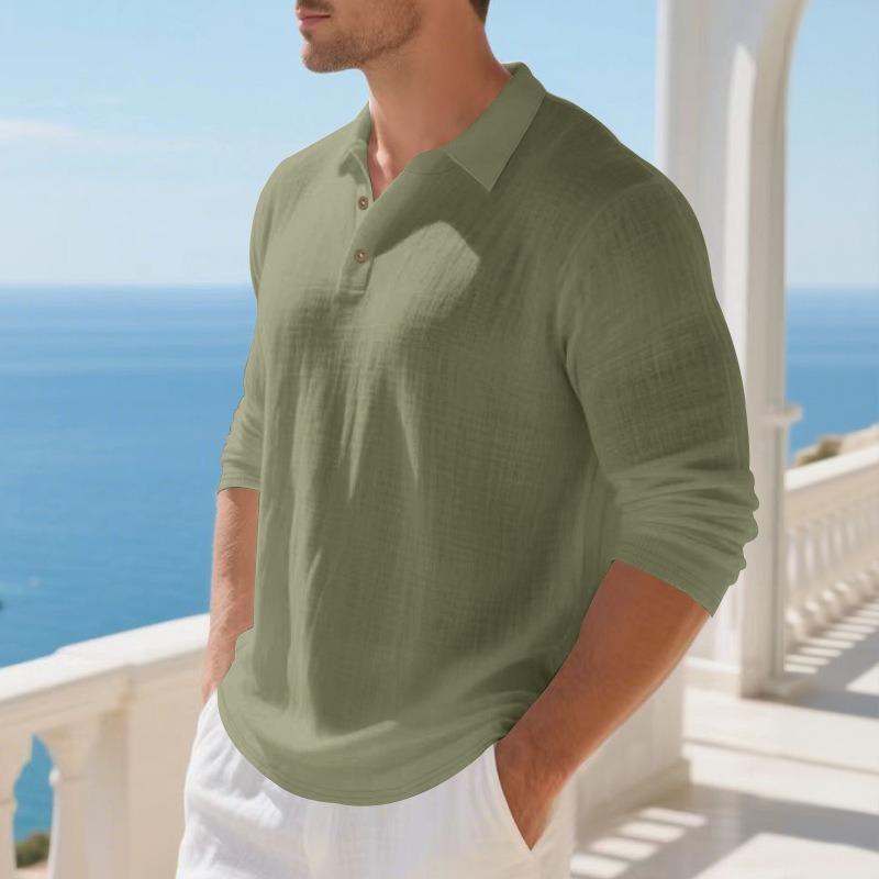 Mens Linen Loose Long Sleeve Casual Polo Shirt