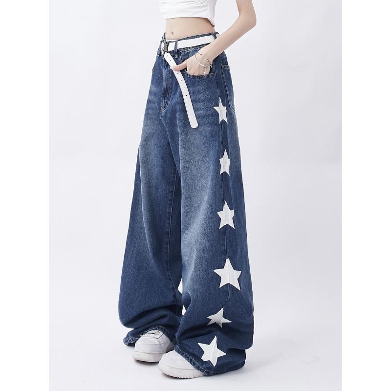 

Американские джинсы с принтом ретро-звезд в стиле Instagram, женские летние новые свободные прямые широкие брюки-швабры в стиле High Street M синий