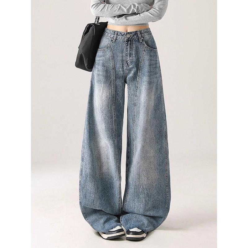Retro Wide-Leg Floor-Length Jeans for Women - Light Blue, Washed, Versatile, Ideal for Autumn Commutes