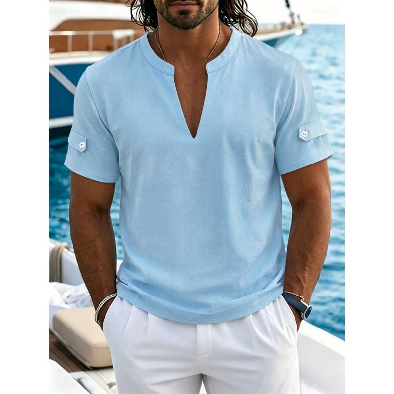 Men Stand Collar Deep V Neck Short Sleeve Linen Blend Casual T Shirt
