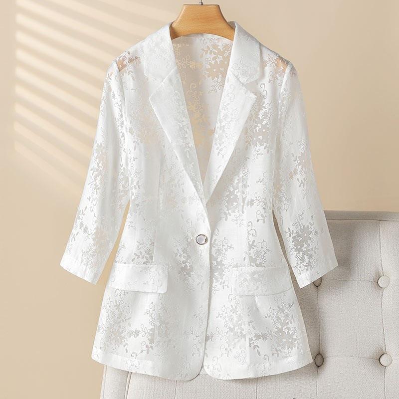 Women's Suit Jacket Plus-Size Blazer Summer Thin Sun Protection Slim Fit Hollow Lace Three-Quarter Sleeves Blazer Top