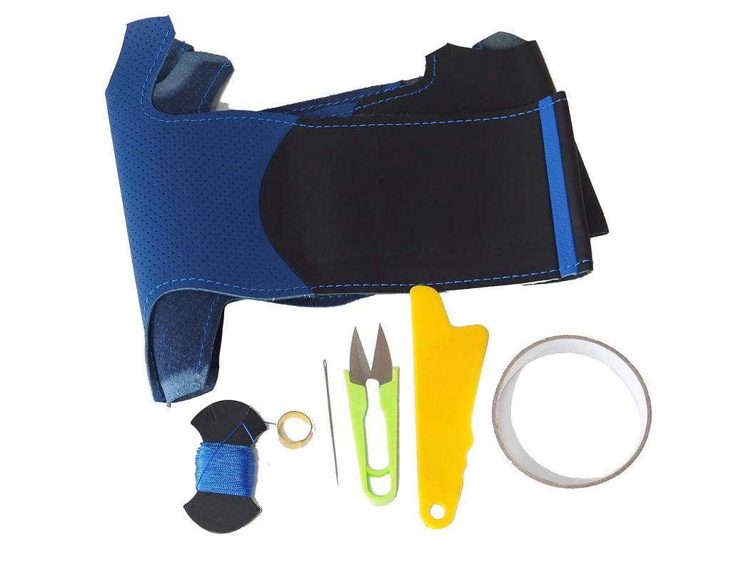 DIY steering wheel leather wrapping kit for Mira and Hijet Cargo Blue leather perforations on both black leather on top and blue and a blue center eS