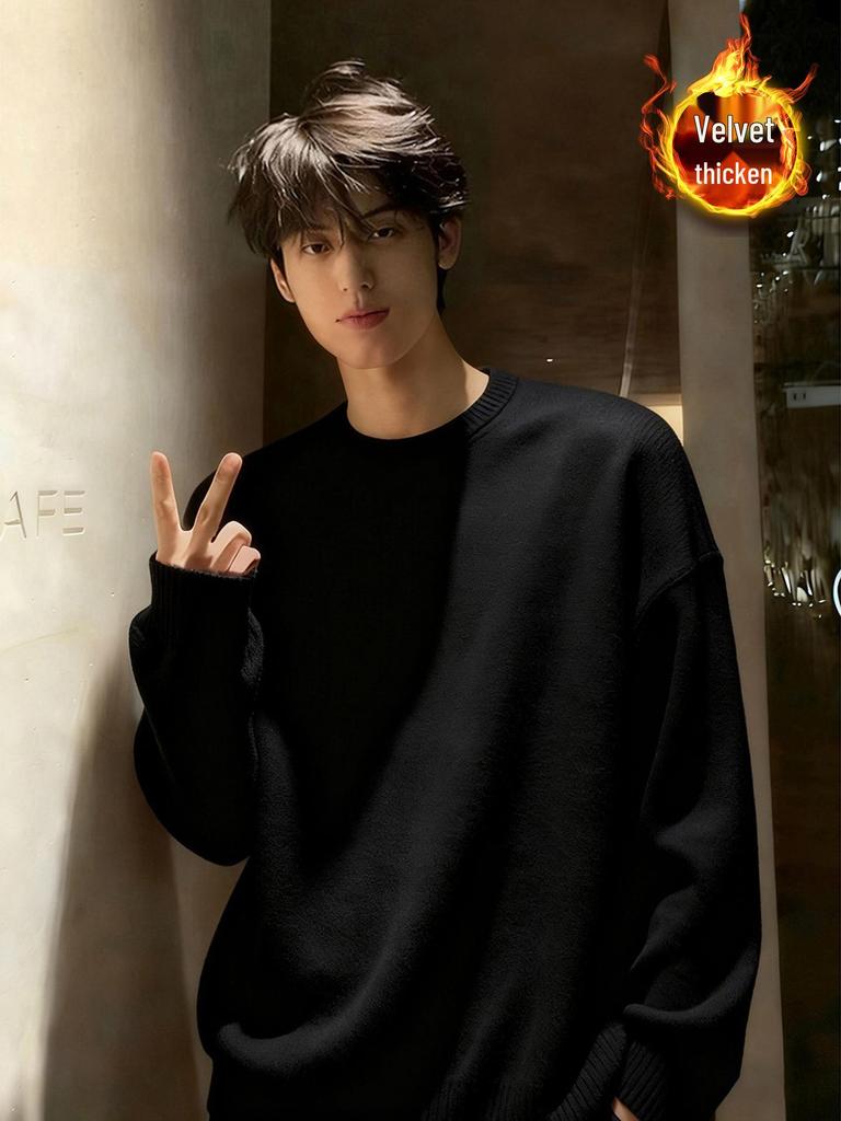 Cleanfit Men's Black Winter Knit Sweater - Plus Velvet Warm Lazy Style, Inner Layer Base, Couples' Outerwear