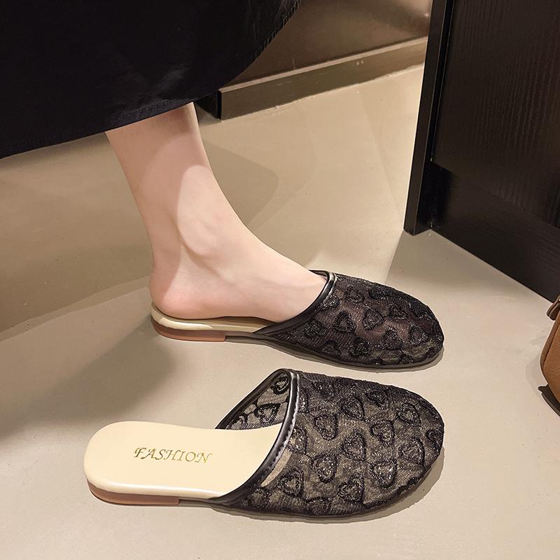 Fashion Baotou Slippers Summer New Round Head Deep Mouth Mesh Cloth Breathable Embroidery Soft Sole Non-slip Flat Shoes
