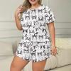 Summer Plus Size 3XL 4XL 5XL Short Sleeve Tops and Shorts Pajamas Set Casual Oversized Cartoon Printing White Pyjamas for Women Sleepwear Set Homewear