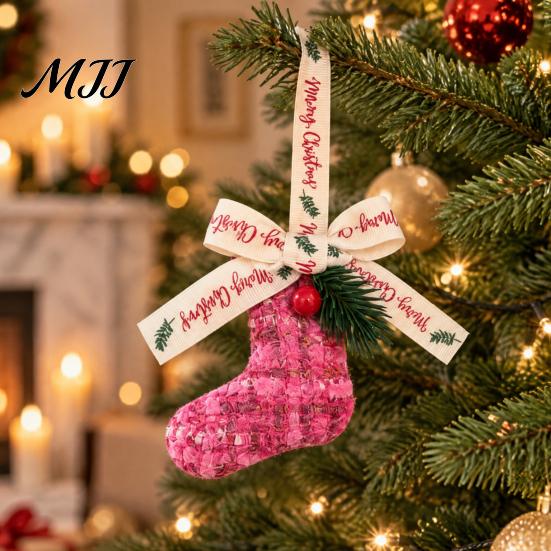 Holiday Party Supplies Christmas Ornament, Sock Shaped/Tinsel Bell Hanging Decoration with Pine Branch Fabric Stocking Pendants Red Berry, Bow Pendant