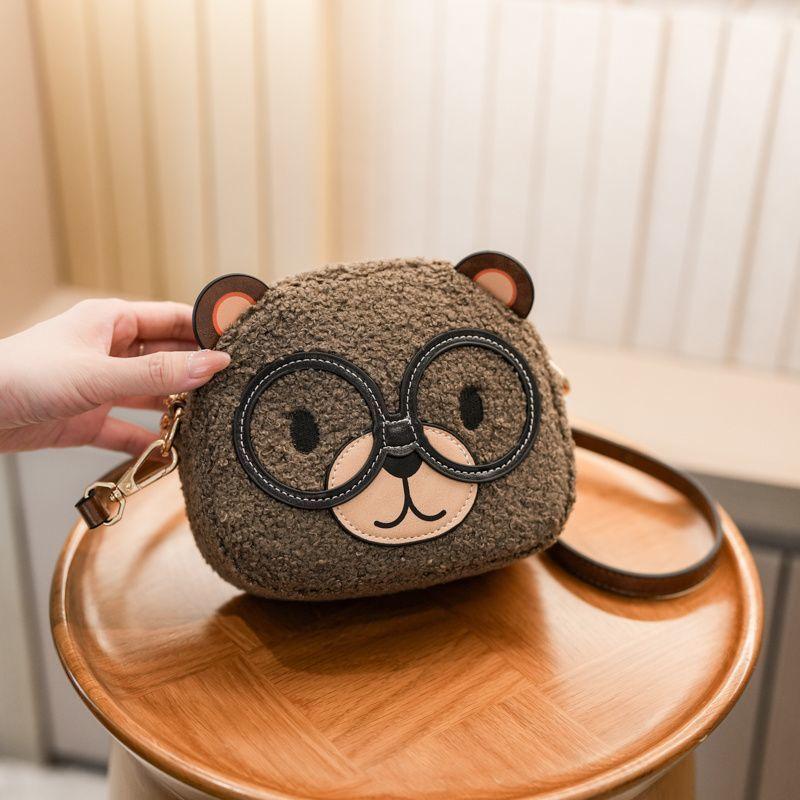 Korean Retro Cute Bear Crossbody Bag Women Brown Plush Small Capacity Mini Shoulder Bag Ladies Cartoon Round Versatile Purse New