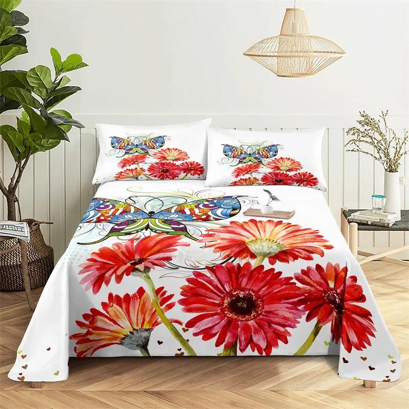 Beautiful Flower Digital Printing Polyester Bed Flat Sheet With Pillowcase Print Bedding Set