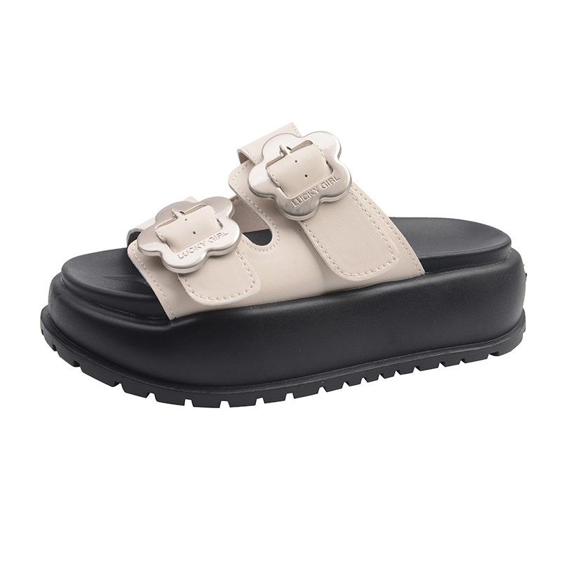 

Muffin platform casual vintage sandals for summer 2025 new double-breasted metal buckle fashion Roman slip-flops 35