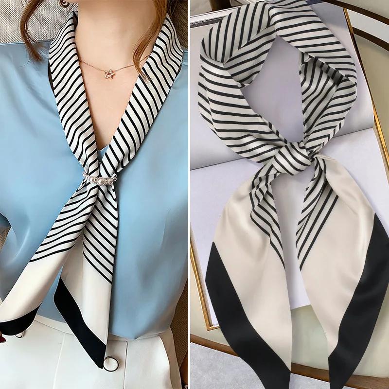 Mode Blauer Druck Seidenschal Damen Weicher Satin Pferdehaarband Schräges Halstuch Büro Hijab Stirnband Foulard Taschenbänder Geschenk