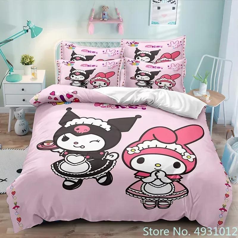 Sanurgente Kuromi Melody Bedding Set Pillowcase Anime Bedclothes Cartoon 3D Printed Kids Adult Boys Quilt Duvet Cover Gift