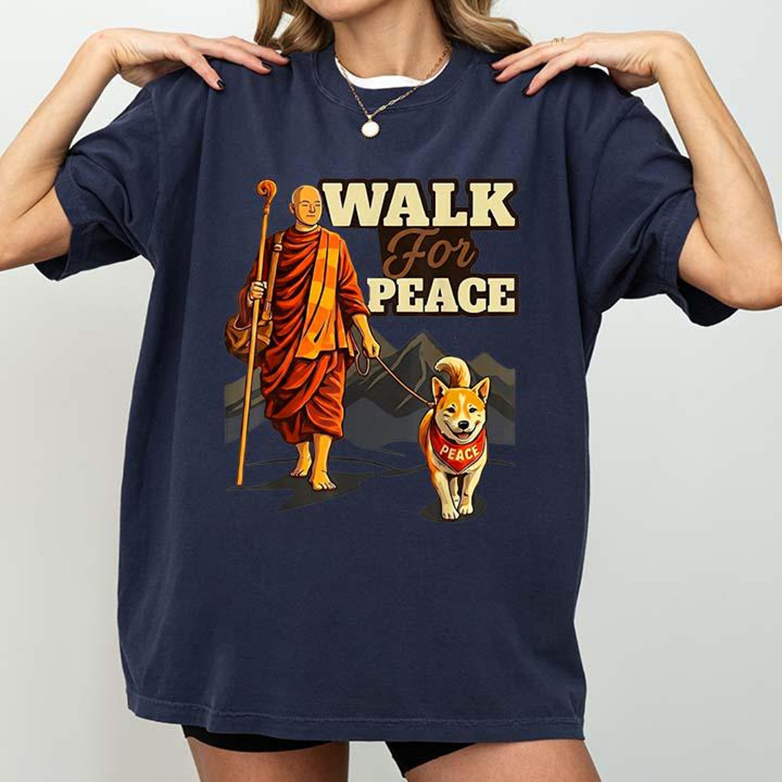 Walk For Peace Buddhist Monk And Shiba Inu Dog Illustration T-Shirt 3XL