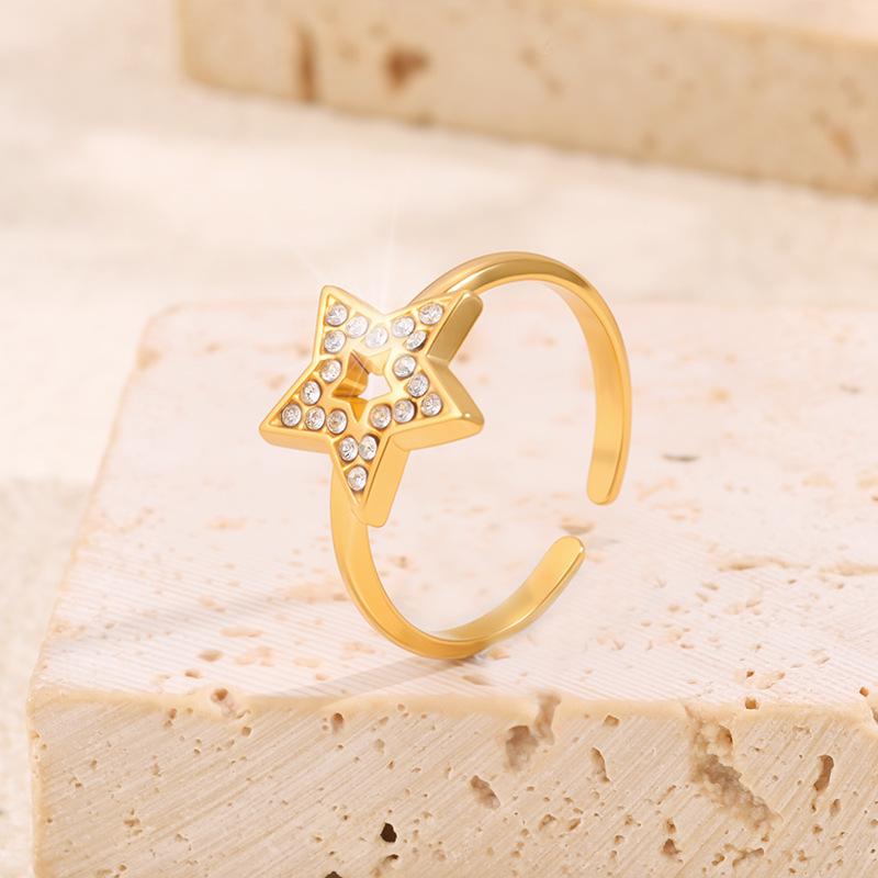 Women's Hollow Star Diamond Titanium Steel Open Ring - High-End Niche Fashion 