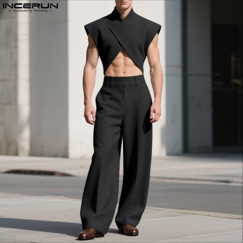 INCERUN Two Pieces Outfits Men Irregular Cropped Tops and Long Straight Pants Sets