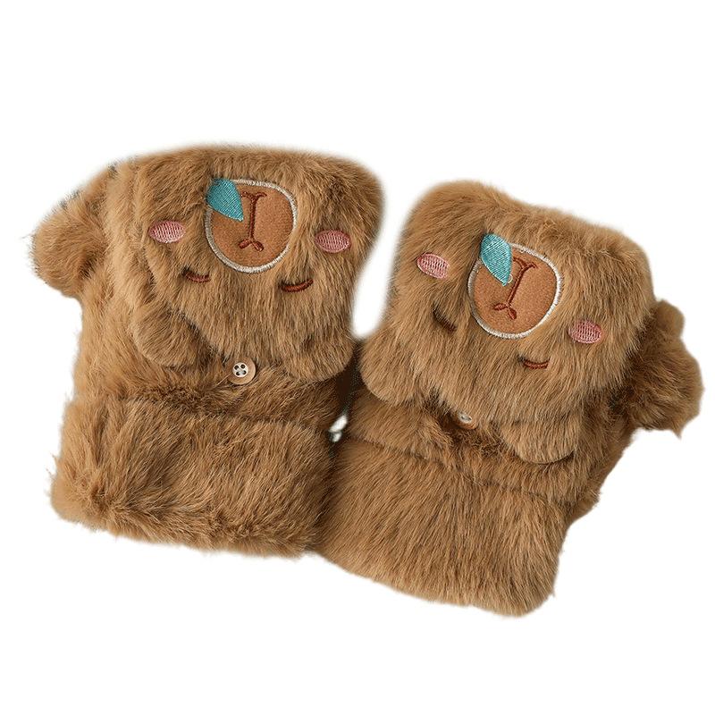 Cute Capybara Plush Gloves Half Finger Flip Cover Fleece Lined Thickened Riding Warm Winter Touchscreen Compatible Student
