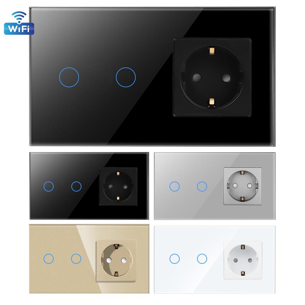 Bingoelec WiFi and Zigbee Compatible 1 Gang 1 Way LED Wall Switch with Germany Version Socket and Glass Panel