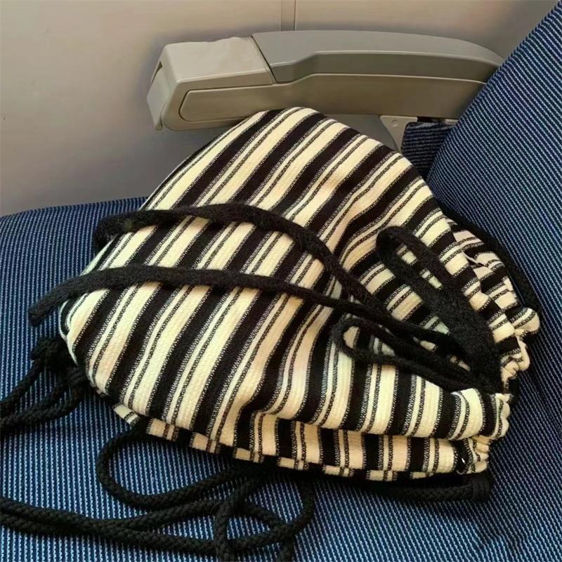 Brand Designer Cotton Striped Women's Backpack Casual Drawstring Bucket School Bag Large Capacity Travel Shoulder Bag CLE