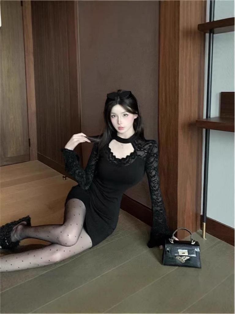 Backless Halter Long Sleeve Bodycon Dress - Sexy Hollow Out, Short Skirt for Women, Spring Autumn