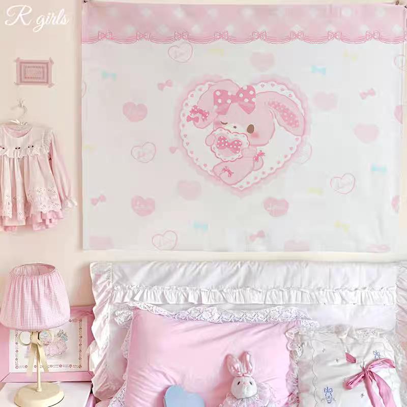 Cartoon Cute Bobo Rabbit Tapestry Sanrio Girlish Background Cloth Student Bedroom Room Bedside Decoration Tapestry 74x94cm(29x37in)