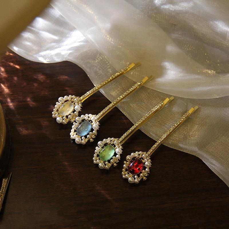 2Pcs Pearl Hair Clip Emerald Green Metal Vintage Korean Style For Women Girls Daily Party Elegant Lightweight
