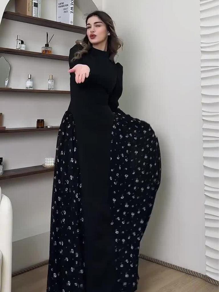 2025 Spring Long-Sleeved Floral Print Dress - European and American Style, Round Neck, Long Skirt