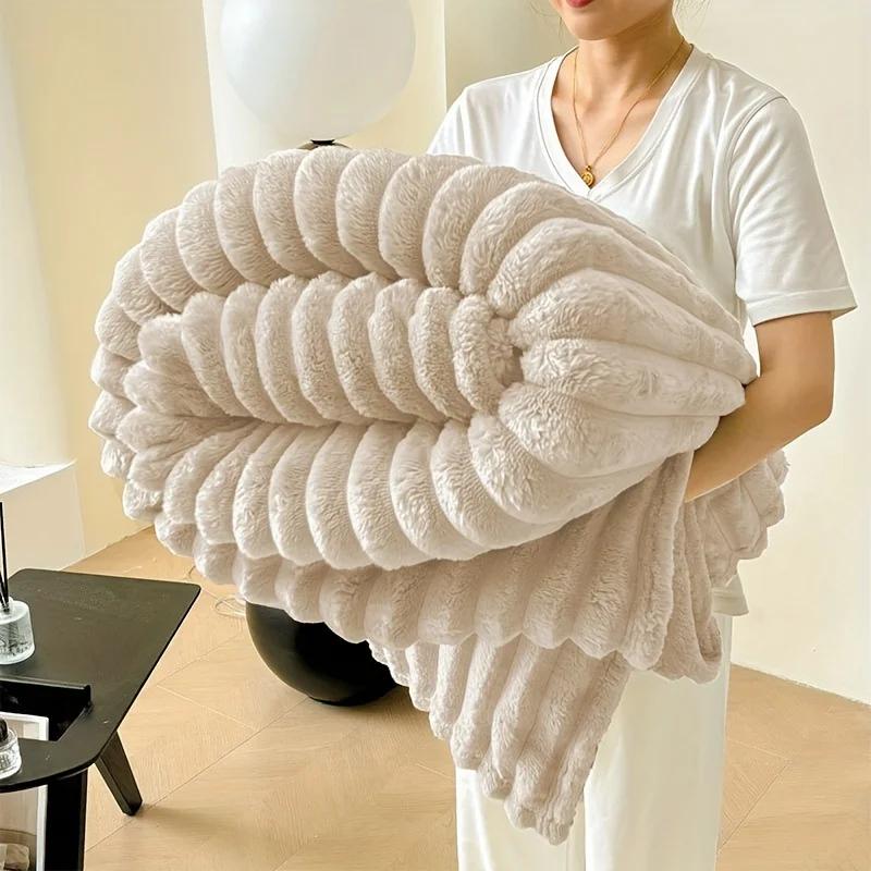 Ultra Soft Ribbed Coral Fleece Blanket - Solid Color All-Season Sofa Throw Machine Washable Comfortable Blanket for Bedroom