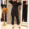 Women's Puff Sleeve Belted Blouse Wide Leg Pants Set Solid Color Casual Two Piece Outfit Islamic Modest Suit