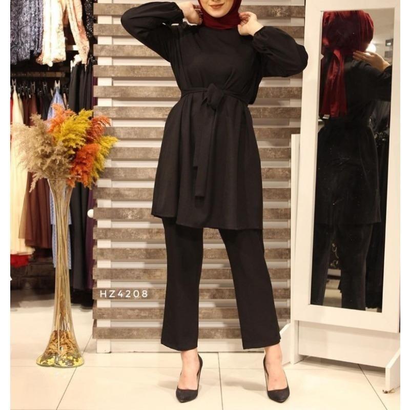 Women's Puff Sleeve Belted Blouse Wide Leg Pants Set Solid Color Casual Two Piece Outfit Islamic Modest Suit