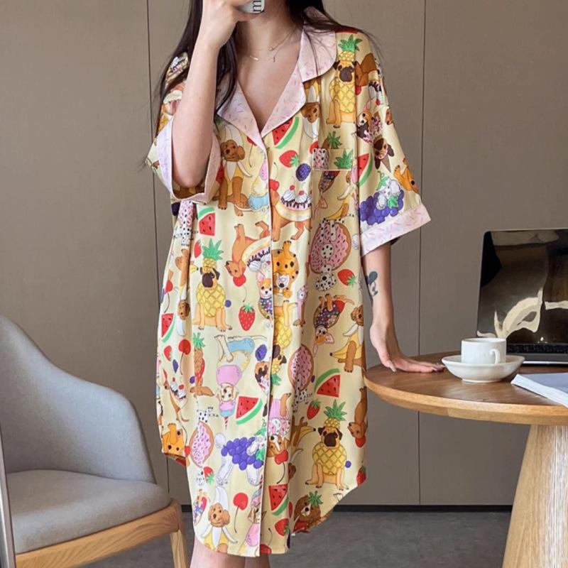 

Летний мультяшный животный ледяной шелк повседневный удобный кардиган домашняя одежда модная блузка ночная рубашка 2XL