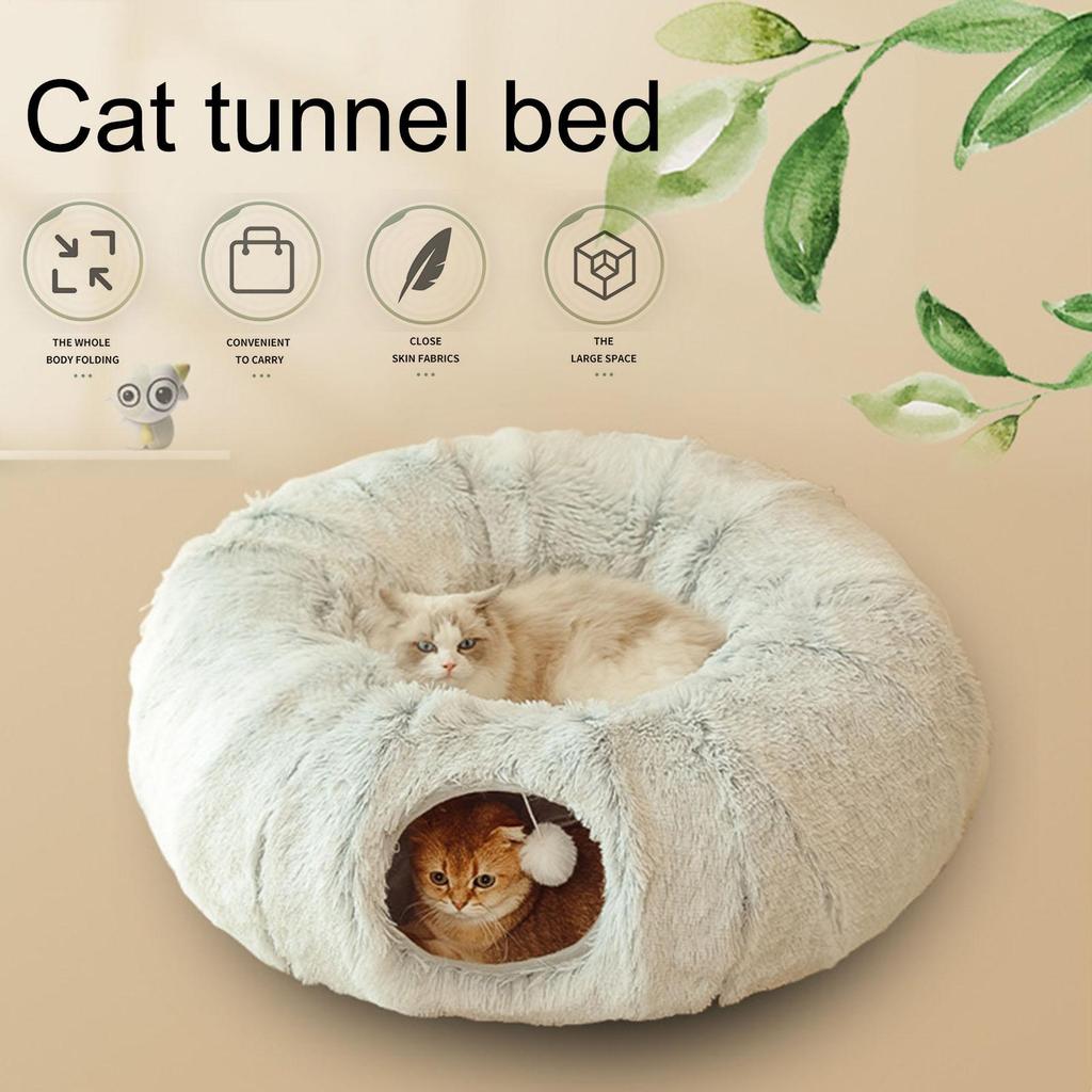 Cat Bed Tunnel 2-in-1 Plush Warm Kitten Cave Warming Cat Bed For Pet Parents Animal Lovers Cold Weather Indoor Home Office