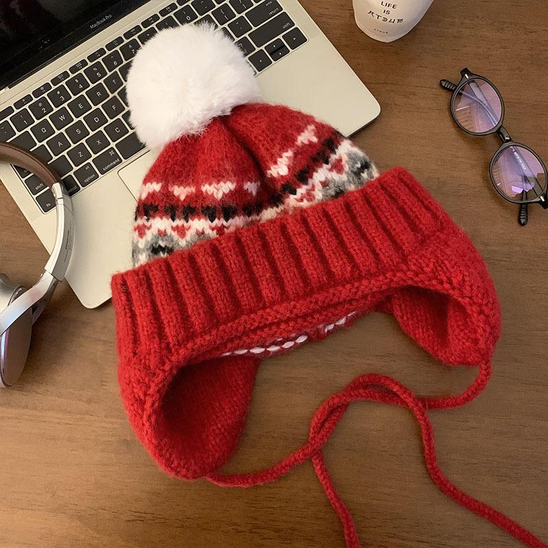 Fair Island Vintage Ski Wool Hat Women's Northeast Thickened Warm Ear Protector Hat Hairball Knitted Hat Winter