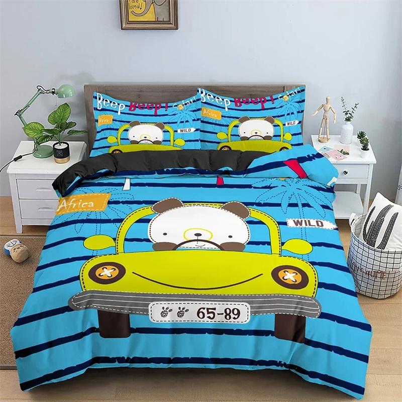 Cartoon Bear And Car Duvet Cover Bedding Set For Children Kids's Bedroom Soft Cozy Quilt/Comforter Covers King Twin 2/3PCS
