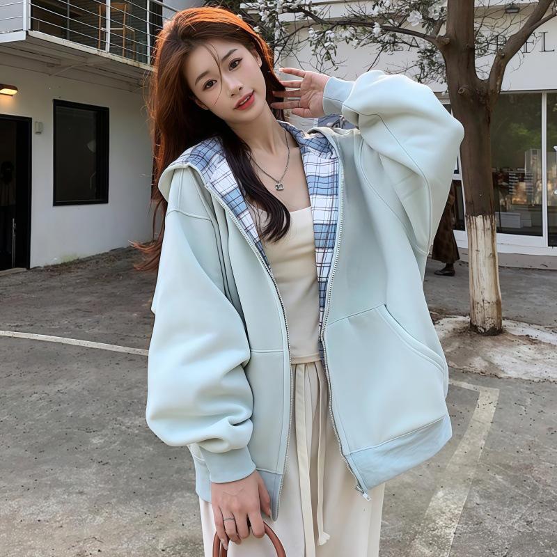 Women s Plaid Dopamine Spliced Zipper Cardigan Sweatshirt XL (Recommended 130-145 Jin)