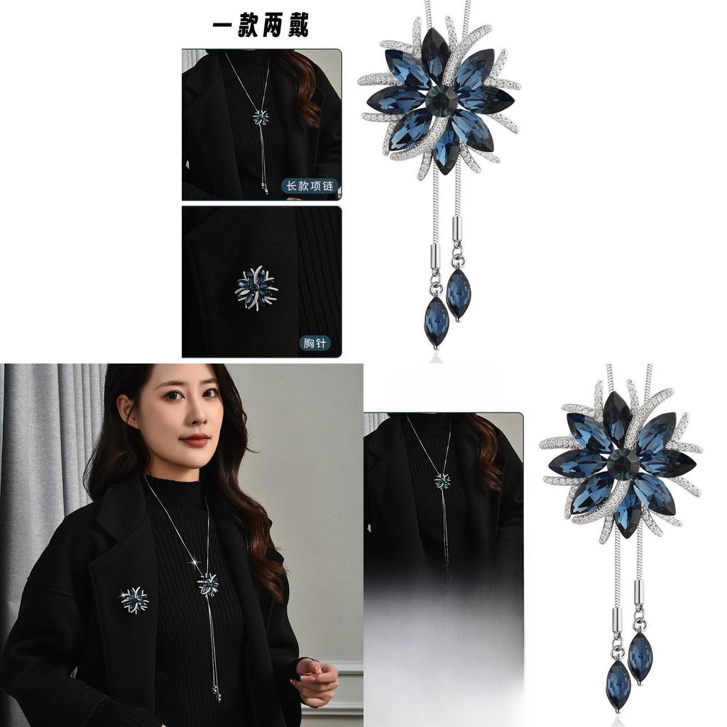 Flower Pendant Long Necklace With Silver Alloy Chain For Winter Fashion Women