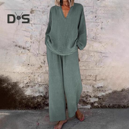 Dámský volný dvoudílný outfit top s dlouhým rukávem a výstřihem do V široké kalhoty s kapsami ležérní souprava na doma