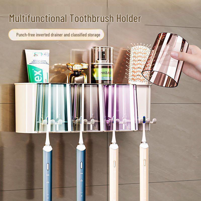 Electric Toothbrush & Mouthwash Cup Holder - No-Drill Wall-Mounted Multi-Functional Bathroom Organizer.