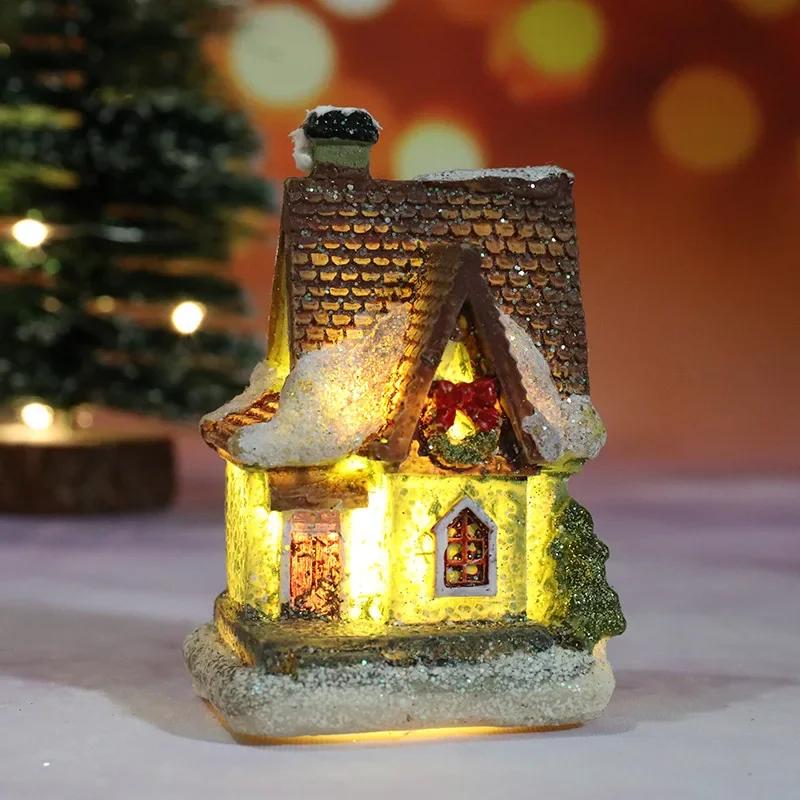 Christmas Decoration Resin Miniature House LED Light Mini Building Living Room Festive Display Small Ornaments Xmas Gift