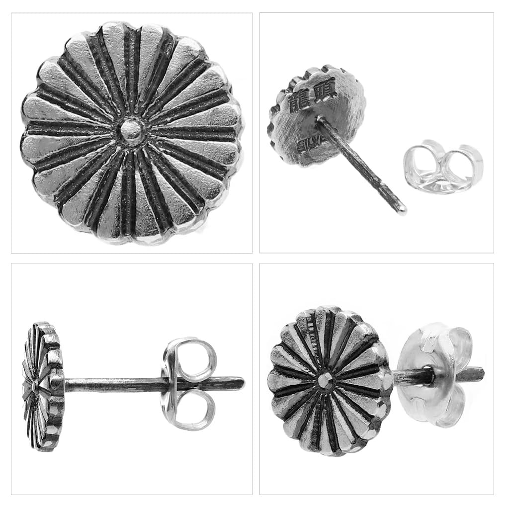 Ryutou Large Chrysanthemum Crest Men's Silver Stud Earrings, Single Ear, 950 Sterling Silver, Traditional Craftsmanship, for Men and Boyfriends