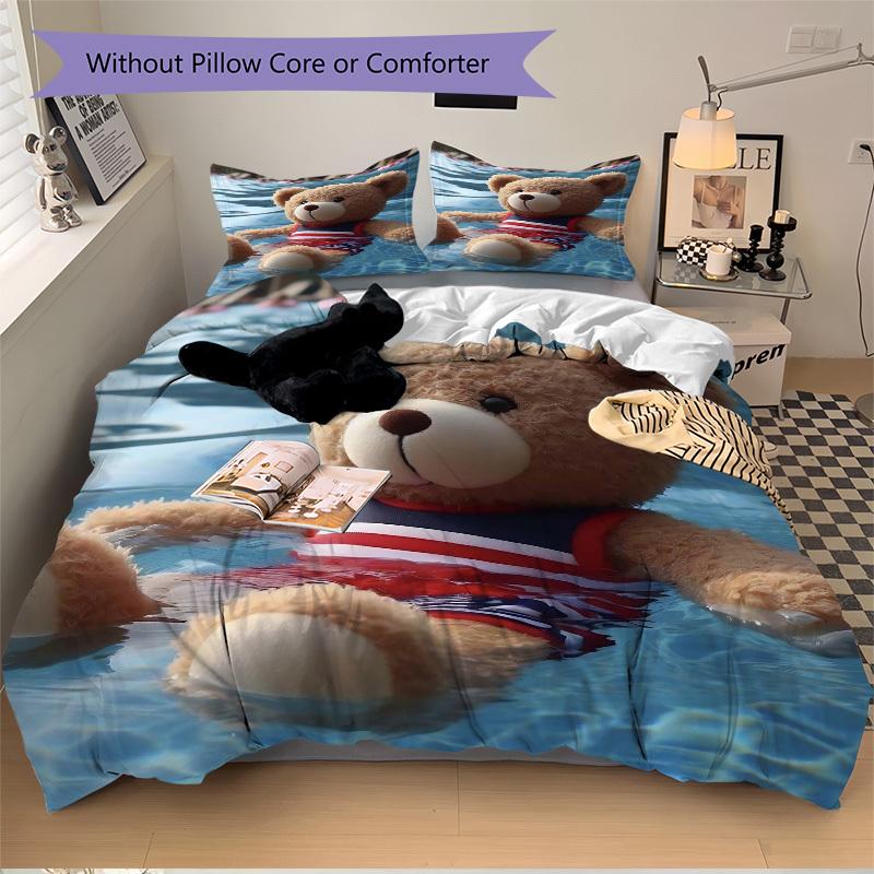 

3pcs Teddy Bear Print Bedding Set - Includes One Quilt Cover and Two Pillowcases (No Core) - Perfect for Bedroom and Guest Room Decoration, 135x200cm