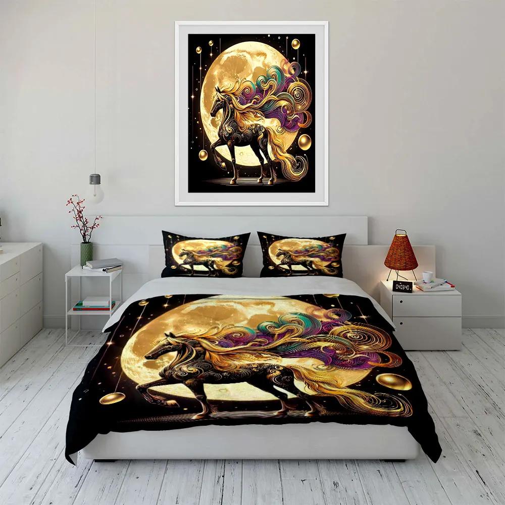 "Golden Moon Horse Decor Set" Soft Comfortable Duvet Cover Bedding Set Included 1*Duvet Cover & 2*Pillowcases gift